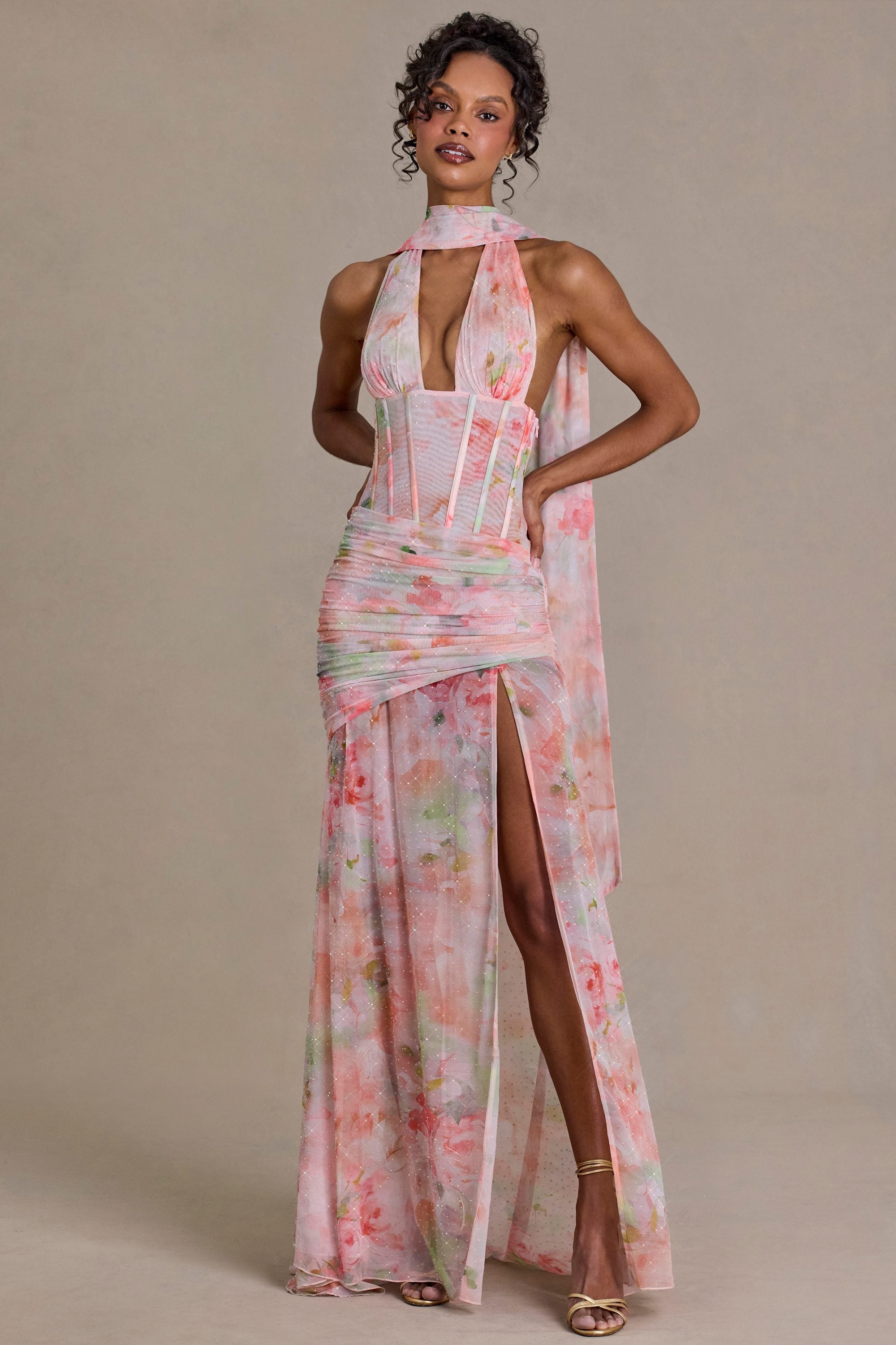 Premium Embellished Scarf-Detail Maxi Dress in Floral Print