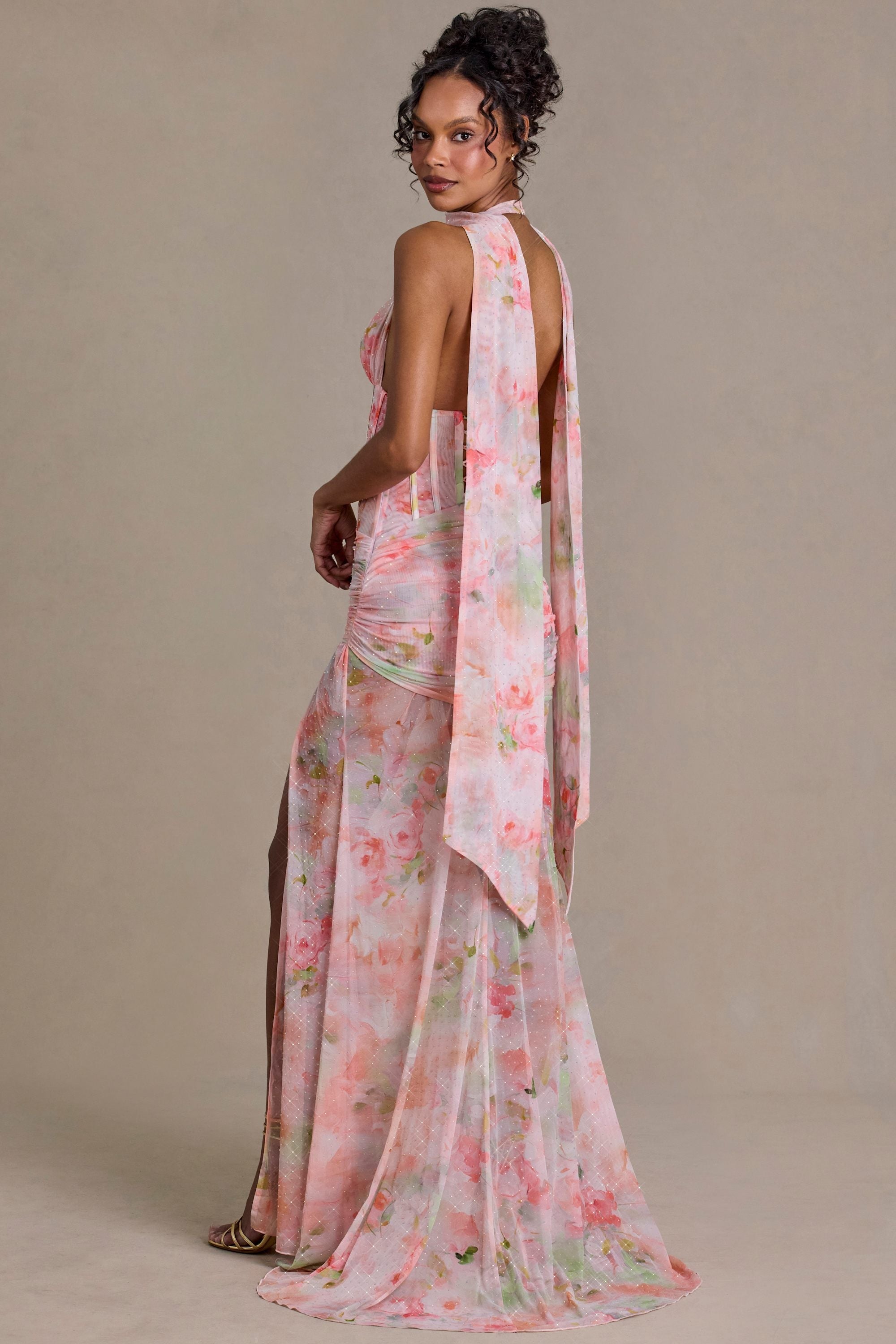 Premium Embellished Scarf-Detail Maxi Dress in Floral Print