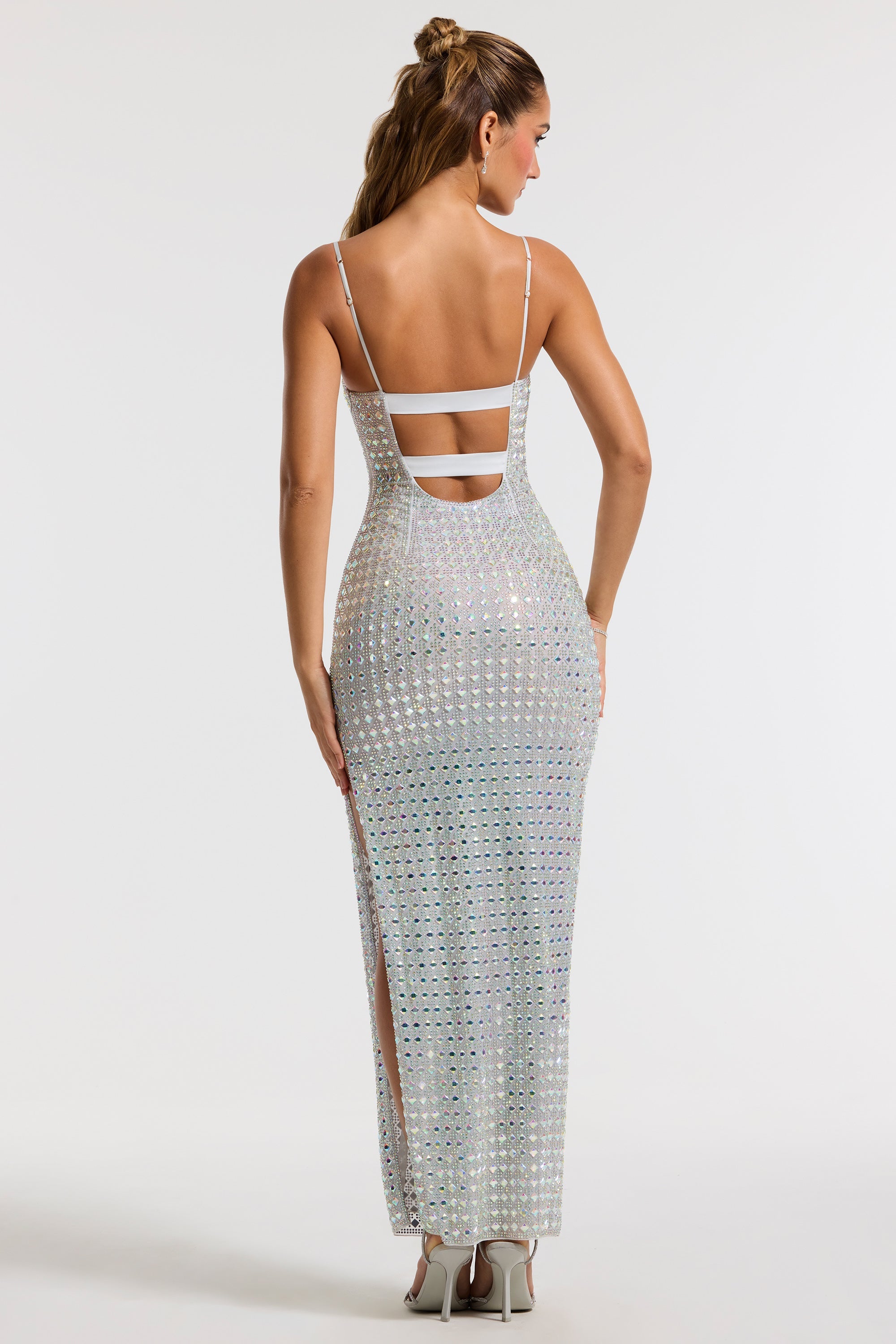 Embellished Square Neck Thigh Split Gown in Silver