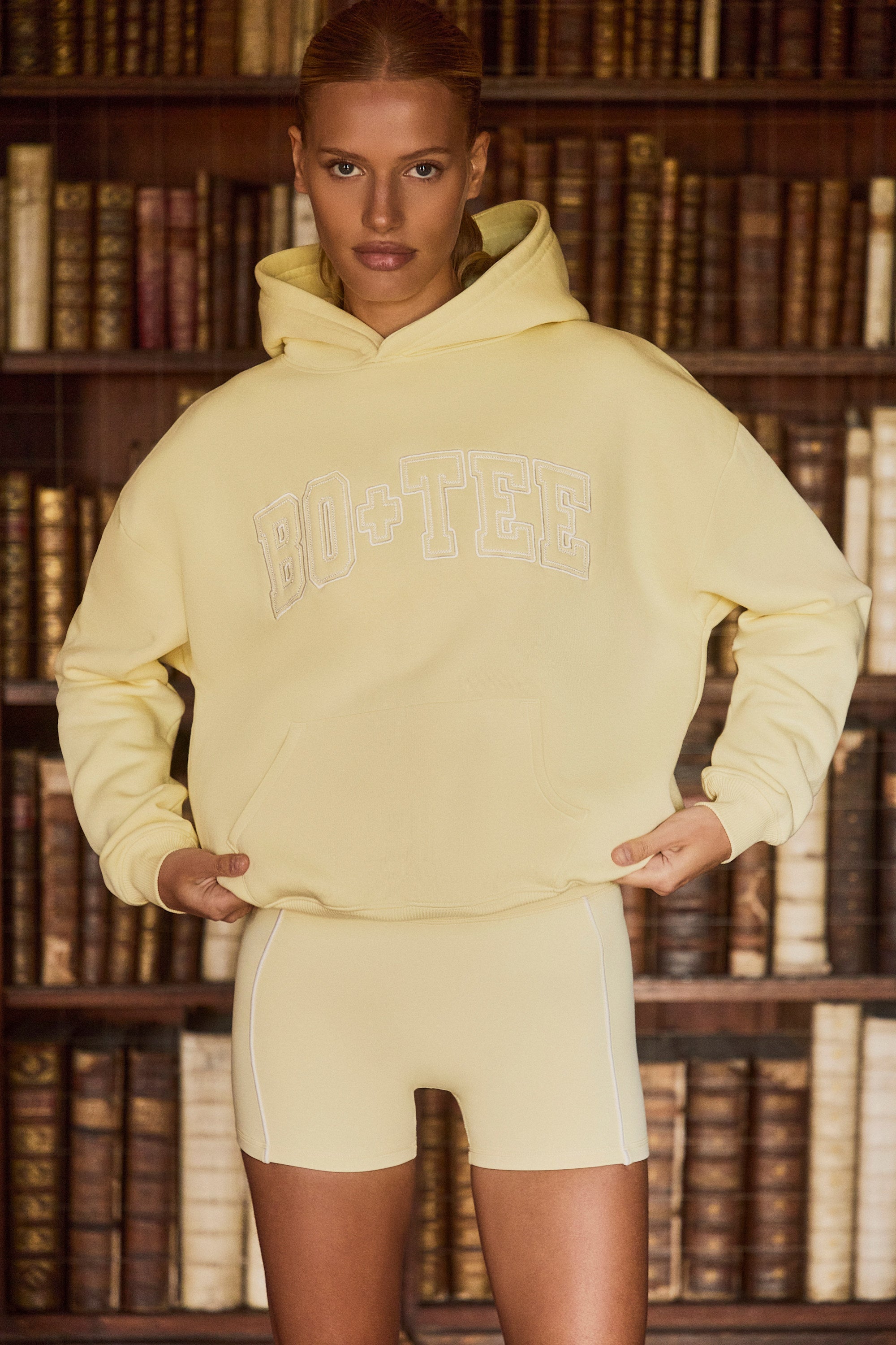 Embroidered Oversized Hoodie in Soft Yellow