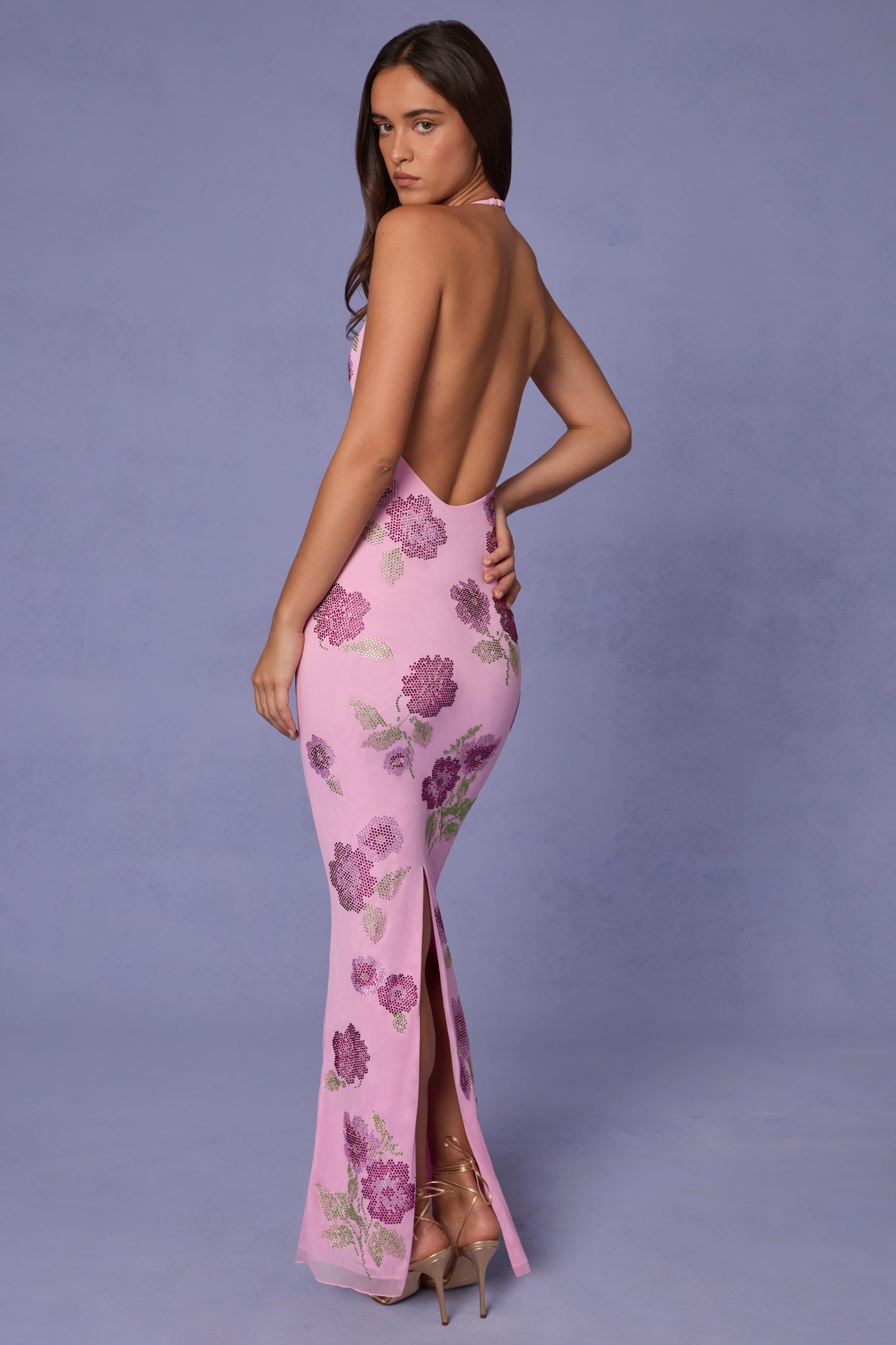 Embellished Halterneck Maxi Dress in Soft Pink