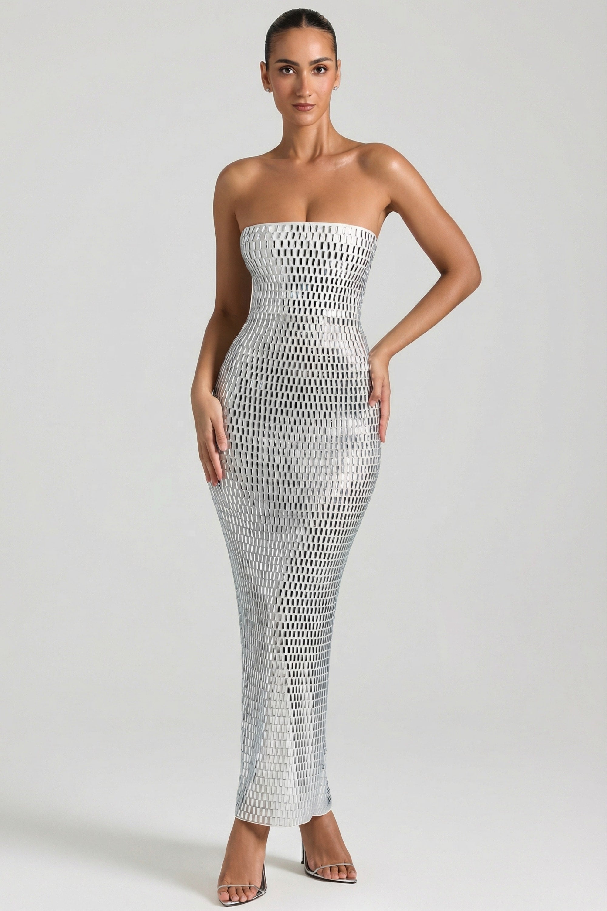 Embellished Strapless Bandeau Maxi Dress in White