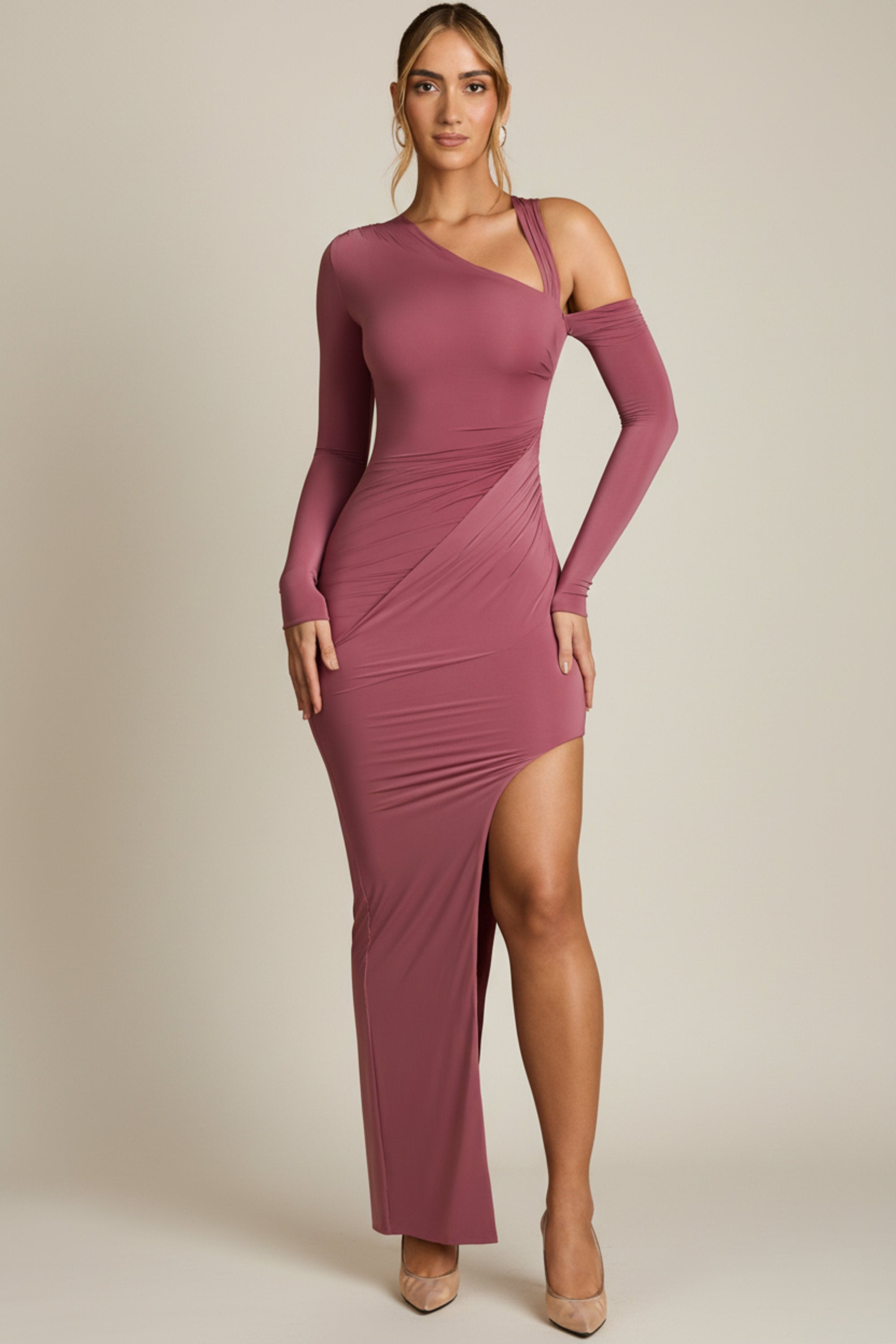 Asymmetric Draped Maxi Dress in Dark Rose