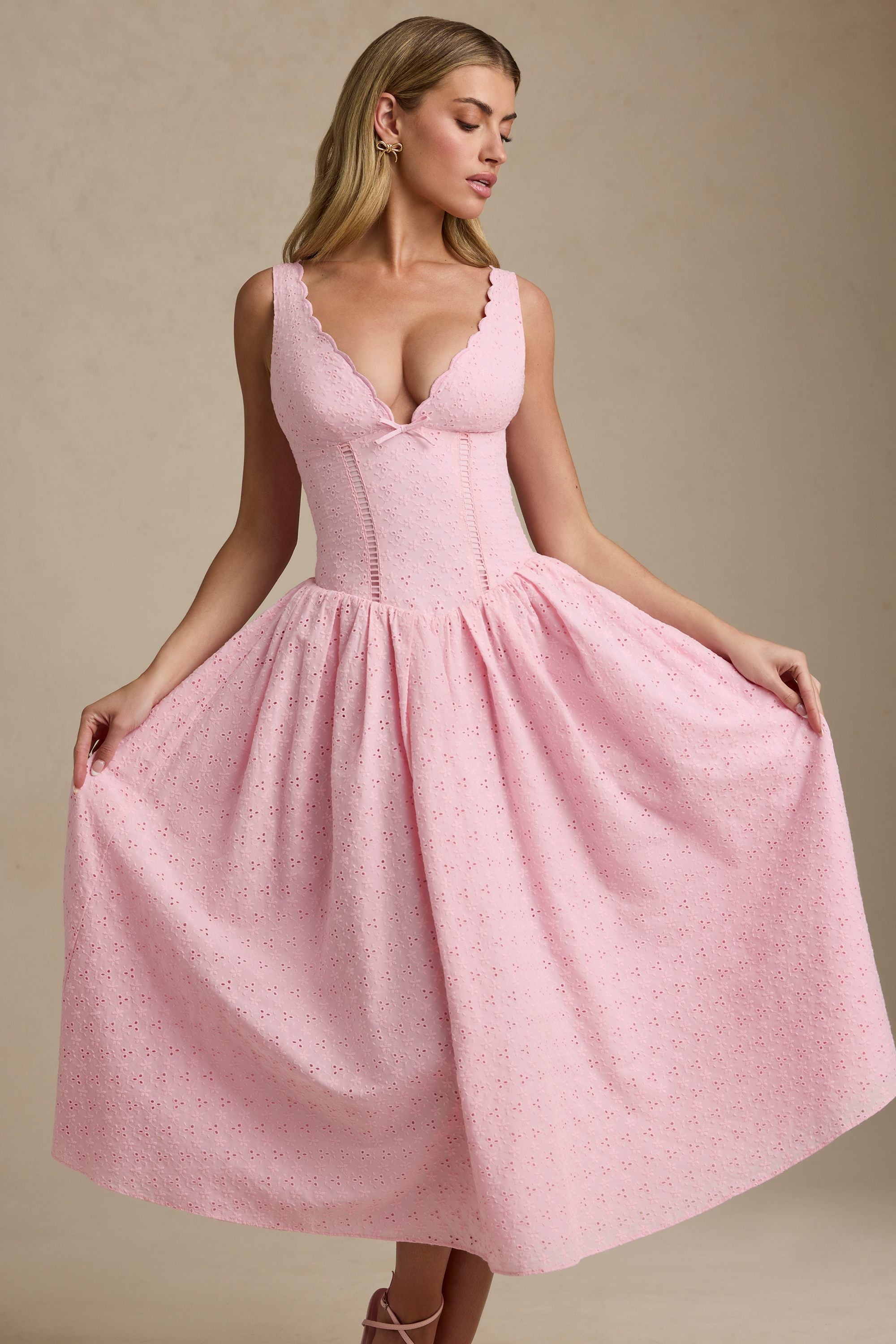 Broderie Anglaise Bow-Detail A-Line Midaxi Dress in Soft Pink