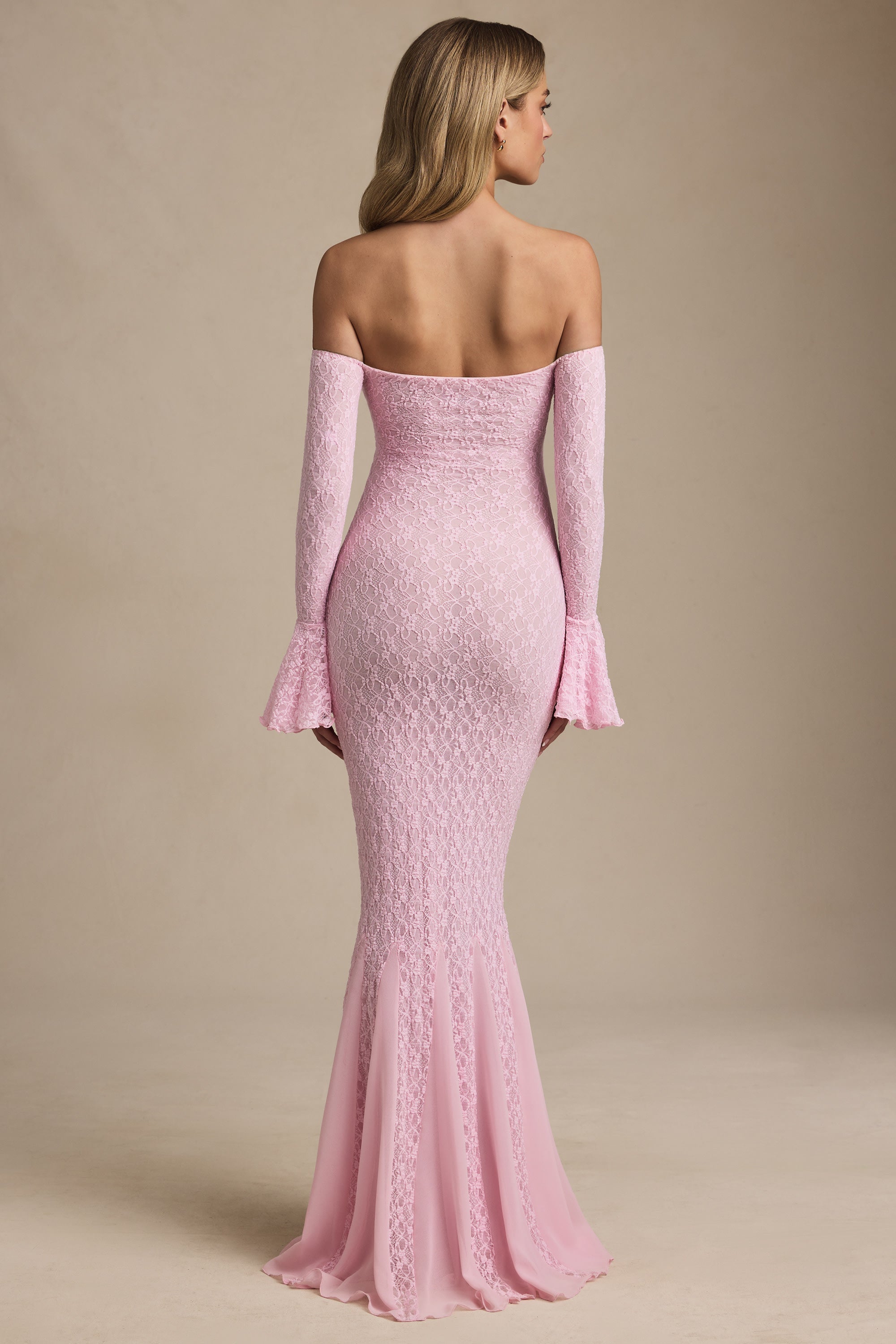 Off-Shoulder Ruffle Lace Maxi Dress in Soft Pink